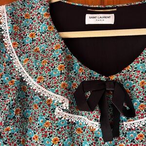 yves saint laurent paris silk ditsy floral dress with bow and crochet trim